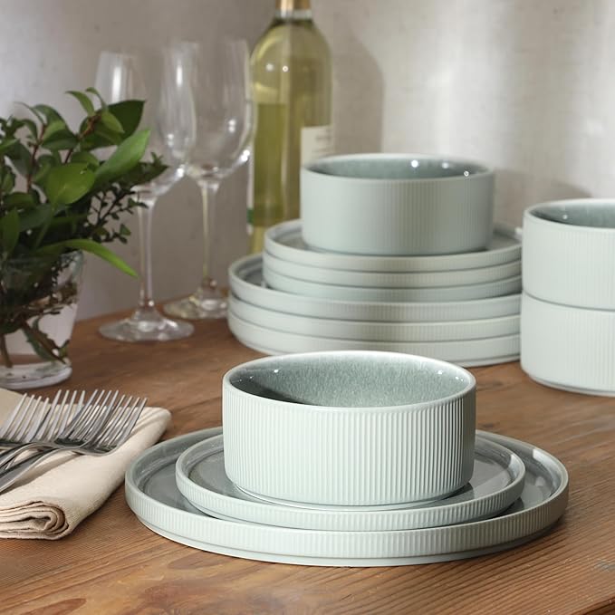 Gibson Elite Redrock Canyon 12-Piece New Bone China Dinnerware Set Service for 4, Reactive Glaze Plates and Bowls, Dishwasher and Microwave Safe, Sage Green