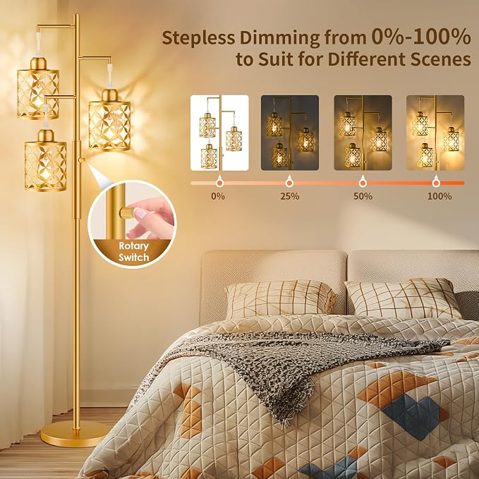 Dimmable Floor Lamp, Farmhouse Standing Lamp with Elegant Metal Cage, Industrial Tall Tree Floor Lamps for Living Room, Bedroom, Study Room, Office, 2000LM LED Bulbs Included - 68", Gold