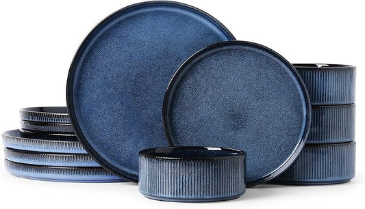 MONITO Ceramic Dinnerware Sets for 4, 12PCS Stoneware Plates and Bowls Sets, Reactive Glaze Dish Set, Chip and Scratch Resistant Double, Microwave and Dishwasher Safe, Dark Blue