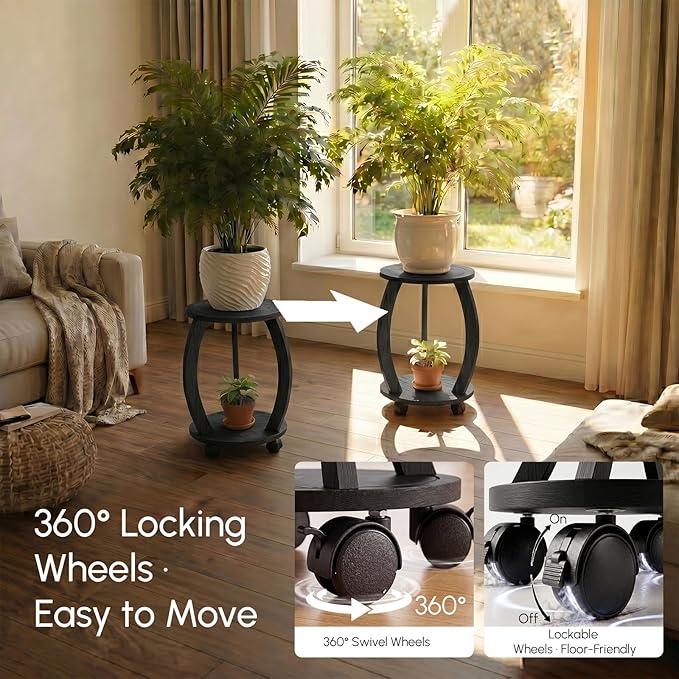 2 Tier Wooden Plant Stand Indoor with Wheels – Tall Plant Stand for 6-12 Inch Pots, Mid-Century Modern Rustic Plant Table Indoor, Pedestal Stand for Corner, Living Room, Balcony, Black