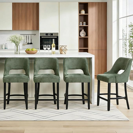 ClinQ Bar Stools Set of 4, 26" H Counter Height Bar Stools with Backs, Modern Upholstered Accent Barstools with Curved Footrest for Kitchen Island, Dining Room and Bar, Green-Black Legs