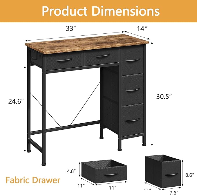 HIGDBFE Small Desk with 5 Fabric Drawers, 33 Inch Writing Desk for Home Office, Simple PC Desks for Small Place, Kids Girls Teen Study Table Vanity for Bedroom, Dorm, Rustic Brown, 14" D