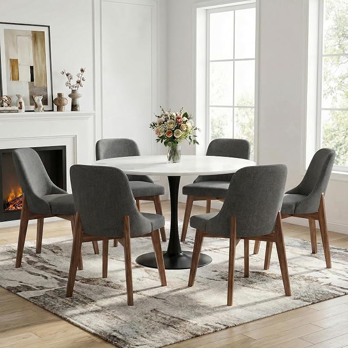 Casaphoria Set of 2 Upholstered Dining Chairs, Dark Grey Fabric Kitchen Chairs with Walnut Wood Legs, Modern Accent Chairs for Dining Room, Living Room or Kitchen
