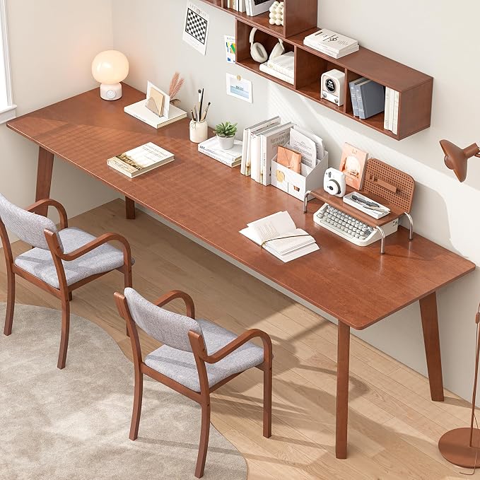 Solid Wood Desk with Large Desktop - 70.9" Mid Century Modern Executive Desks, Farmhouse Home Office Computer Desks for Two People, Writing Study Table | 2 Person Desk for Any Room-Walnut