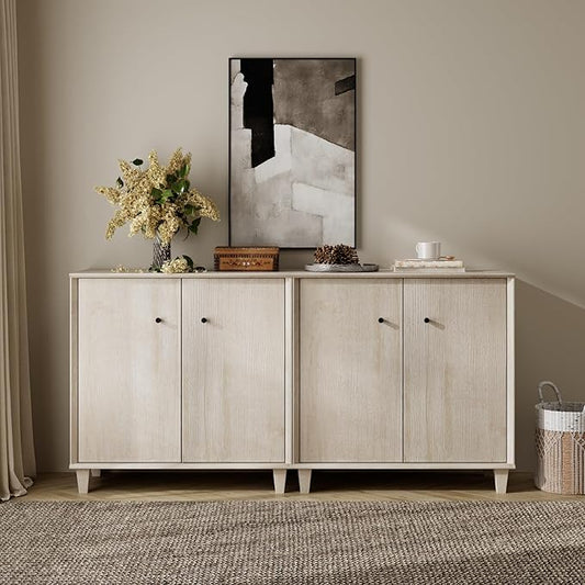 Sideboards Buffet Cabinet 2 in 1 Wide Credenza Buffet Table with Adjustable Shelf, Modern Kitchen Accent Cabinet with Storage Compartments for Dining Room Living Room, Hallway, Light Oak