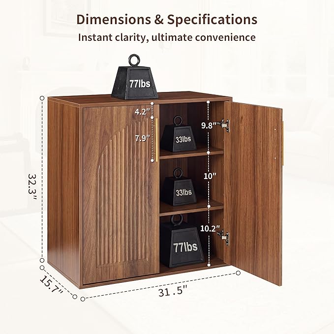 Fluted Sideboard Buffet Cabinet with Storage, Arched Doors & Adjustable Shelves, Modern Accent Credenza, Anti-Tip Console Cabinet for Living Room, Entryway, Hallway & Kitchen, Walnut
