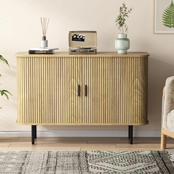 Vabches 47''W x 32''H Storage Cabinet, Fluted Sideboard Buffet Accent Cabinet with Storage, Console Table Credenza with Tambour Slatted Sliding Doors and Shelves for Living Room, Kitchen, Natural