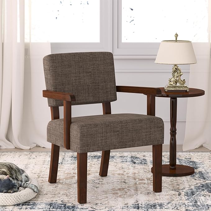Accent Chair,Armchairs with Solid Wood Frame and Legs,Upholstered Reading Leisure Chair for Bedroom,Office,Waiting Room (Linen, Brown, One Chair)