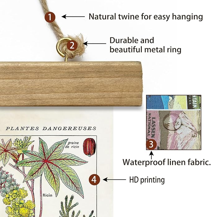 XIAOAIKA Vintage Botany Poster with Wooden Frame, Antique Poisonous Plants Chart - Botanical Educational Art with Dangerous Species - Retro-Style Wall Hanging for Home Classroom Decor 20 x 30 Inches