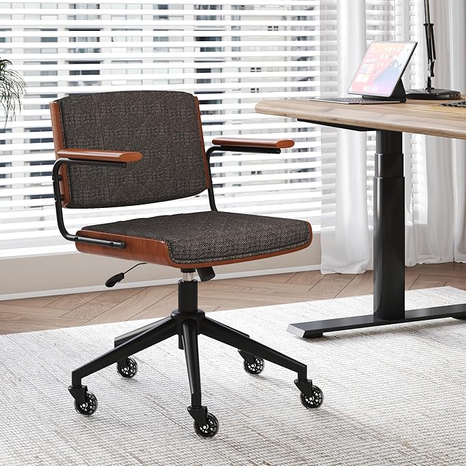 Ergonomic Office Chair with Rubber Wheels & Walnut Arms - Mid-Back Desk Chair, Adjustable Height, Bentwood Backrest | Swivel Rocking Design for Home Office, Meeting Room, Study