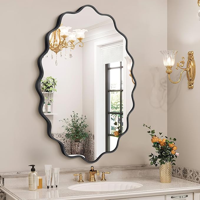 Oval Wavy Wall Mirror -Irregular Wall Mirror with Black Asymmetrical Aluminum Alloy Frame,24"x36" Decorative Wall Mirrors for Bathroom, Bedroom, Living Room, Dining Room，Entryway