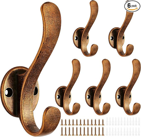 Coat Hooks Heavy Duty - Wall Mount Metal Towel Hooks Screw-in Wall Hooks for Hanging Hat, Towel, Key, Robe, Scarf, Bag, Cap (6 PCS Bronze)
