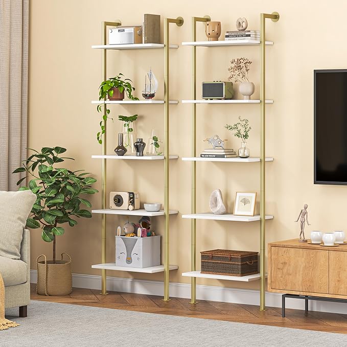 Acovy 5-Tier Bookshelf - Solid Wood Narrow Bookcase Set of 2, Wall Mount Ladder Shelf, Storage Rack for Living Room, Bedroom, Bathroom, White and Gold