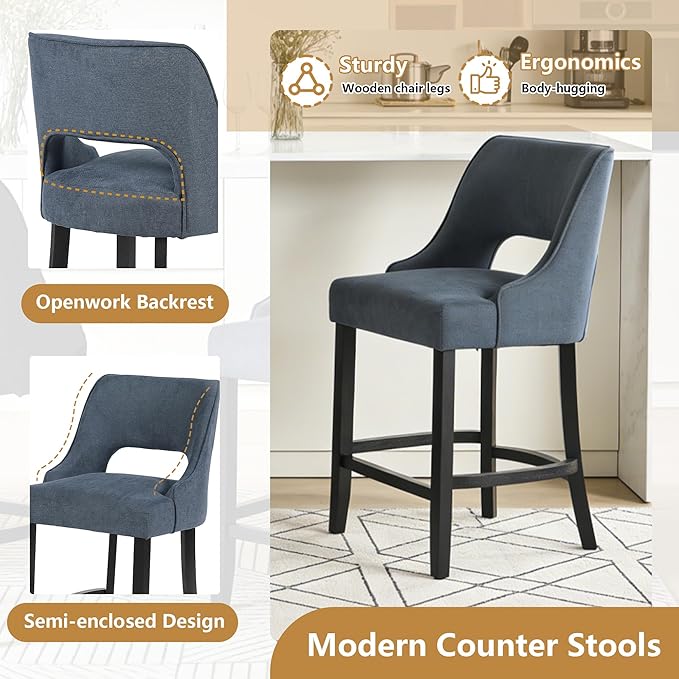 ClinQ Bar Stools Set of 6, 26" H Counter Height Bar Stools with Backs, Modern Upholstered Accent Barstools with Curved Footrest for Kitchen Island, Dining Room and Bar, Navy-Black Legs