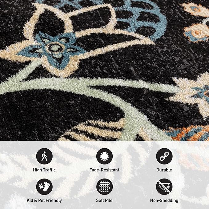 Rugshop Black Floral Area Rug – Colorful Botanical Indoor Carpet for Living Room, Bedroom, or Dining Room – Soft Low-Pile, Non-Shedding Traditional Rug 7' 10" x 10'