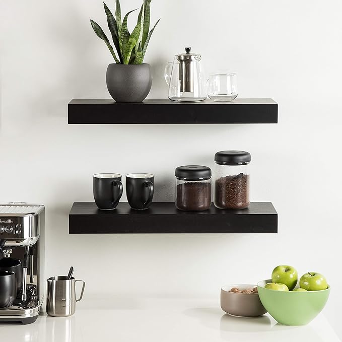 Kate and Laurel Havlock Modern Floating Shelves, Set of 2, Black, Sophisticated Storage and Display Shelves for Wall