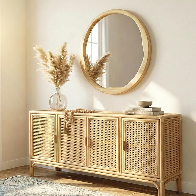 Round Wood Mirror 24 Inch, Irregular Wavy Inner Frame Wall Mirror for Bathroom Vanity, Bedroom, Natural Solid Wood Asymmetrical Decor