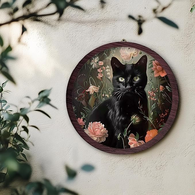TFKFJLF Moody Black Cat Framed Wall Art Decor, Floral Gothic Wooden Wall Art Prints Artwork, Vintage Decoration, Cottagecore Hanging Room Door Decor for Cat Lovers Bedroom Living Room, 10x10 Inch
