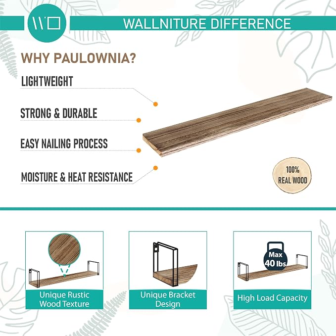 Wallniture Avila 24" Floating Shelves for Wall, Kitchen Organization & Office Shelves, Bookshelf for Living Room Decor, Laundry Room Shelf, Set of 5, Burnt Finish