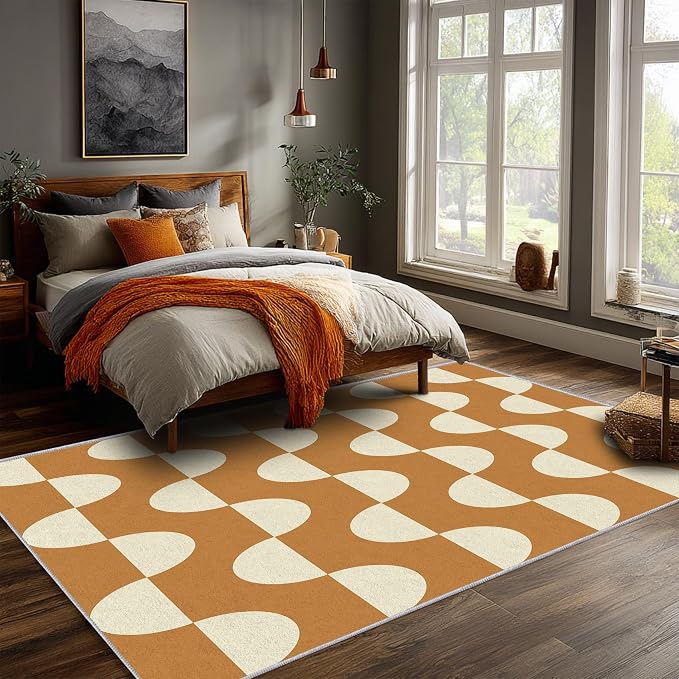 Caramel Dot Wave Area Rug 5 x 8 ft, Mid-Century Modern Geometric Rug, Brown Cream Abstract Washable Rug, Soft Low Pile Non-Slip Carpet for Living Room Bedroom Dining Room