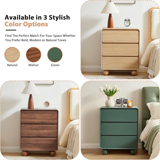 AVZEAR Modern 3 Drawer Dresser for Bedroom, Wooden Dresser Chest of Drawers, Handle Free & Curved Profile Design, Mid Century 3 Drawer Nightstand for Living Room, Walnut