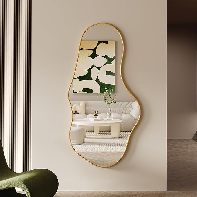 Asymmetrical Wall Mirrors -28''×55'' Irregular Decorative Aluminum Alloy Framed Mirror Artistic Cloud Mirrors Wavy Mirror for Bathroom, Bedroom, Living Room, Cloakroom（Gold）