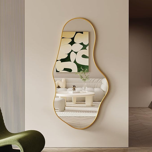 Asymmetrical Wall Mirrors -28''×55'' Irregular Decorative Aluminum Alloy Framed Mirror Artistic Cloud Mirrors Wavy Mirror for Bathroom, Bedroom, Living Room, Cloakroom（Gold）