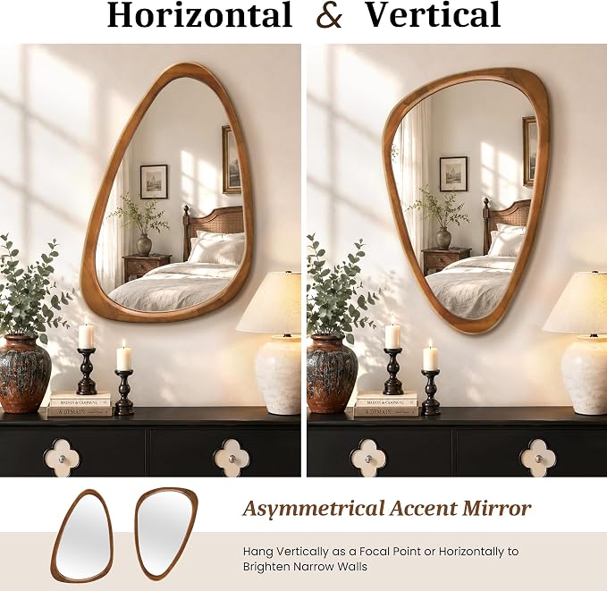 Asymmetrical Mirror, 30"x20" Unique Irregular Wall Mirror, Wood Mid Century Modern Mirror Decor for Bathroom Bedroom Living Room Entryway Hallway (Natural Wood)