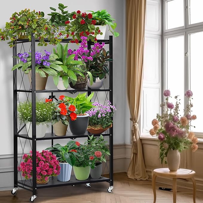 Metal Plant Stand Plant Shelf Folding Plant Stand No Assembly Required Easy to Move 4 Tiers Flower Stand with wheels for Living Room Bedroom Flower Room Indoor outdoor Black