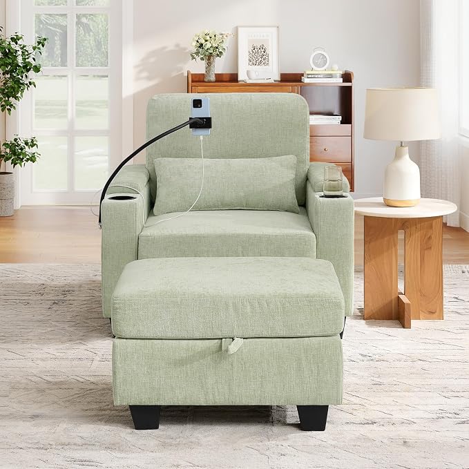 Small Chaise Lounge Chair Indoor with Ottoman&Adjustable Backrest,Chenille Tufted Recliner Comfy Sofa Chair with USB,Phone Holder&Storage Arms,Convertible Sleeper Couch Bed for Living Room(37"W,Cyan)