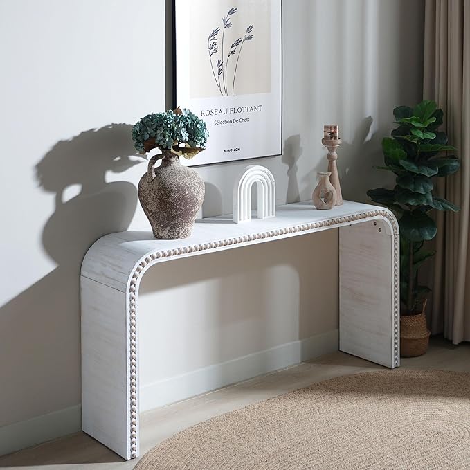 Wood Console Table, 59" Retro Long Sofa Table Behind Couch with Real Wood Beads Decor, Wooden Narrow Sofa Table Hall Table for Living Room Foyer Entrance Entryway, White