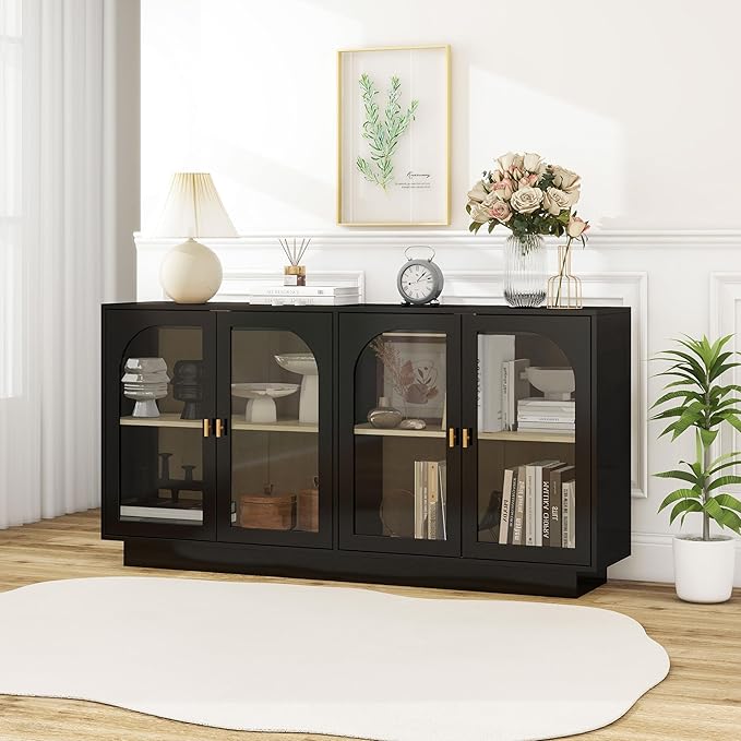 Sideboard Buffet Cabinet with Storage - Accent Storage Cabinet with 4 Glass Doors Adjustable Shelves,Black Wood Credenza for Living Room, Kitchen,Dining Room, Entryway (Black 4 Doors)