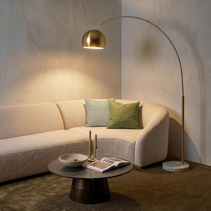 Brightech Olivia Floor Lamp - Chic Arc Lamp with Rounded Spolight Head and Marble Base for Living Room, Tall Standing Lamp with LED Light Bulb for Bedroom Reading, Boho Home Decor for Office - Brass