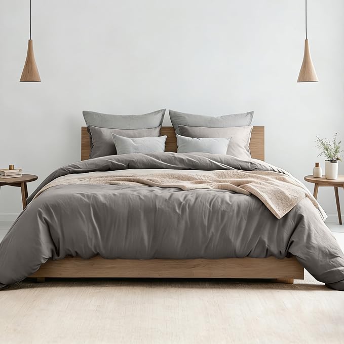 FALUCA French Linen Blend Duvet Cover Set 3Pcs King (104"x92") - Soft, Breathable, Cooling Farmhouse Bedding for Hot Sleeper (King, Light Grey)