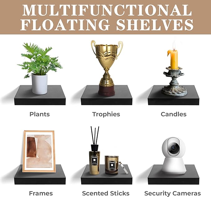 Sorbus 9X9 Inch Floating Shelves for Wall – Square Floating Shelf with Invisible Mounting Bracket for Kitchen, Bedroom, Living Room & Bathroom Decor – Rustic Showcase Wall Shelf (Black, 4 Pack)