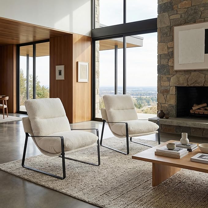 LukeAlon Modern Sherpa Accent Armchairs Set of 2, Upholstered Living Room Chairs with Metal Base Thickened Cushion Single Sofa Chairs Comfy Lounge Chairs for Bedroom Living Room, White