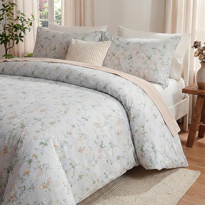 Green Floral Duvet Cover Queen Size 100% Cotton Botanical Coquette Bedding Sets with Zipper Closure 3 Pieces Soft & Breathable Reversible Comforter Cover