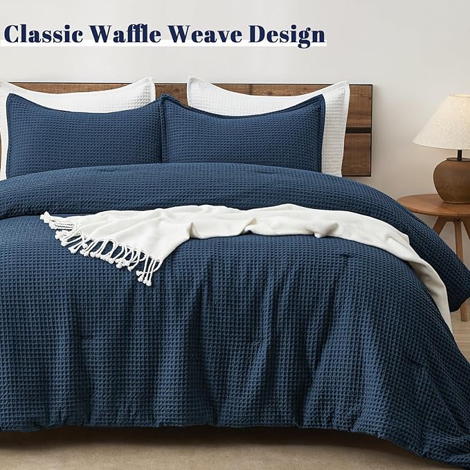 PHF Ultra Soft Waffle Weave Comforter Set California King Size, 3 Pieces Lightweight Breathable Comfy Bedding Set, Comfy Textured 1 Comforter with 2 Pillow Shams, Navy Blue