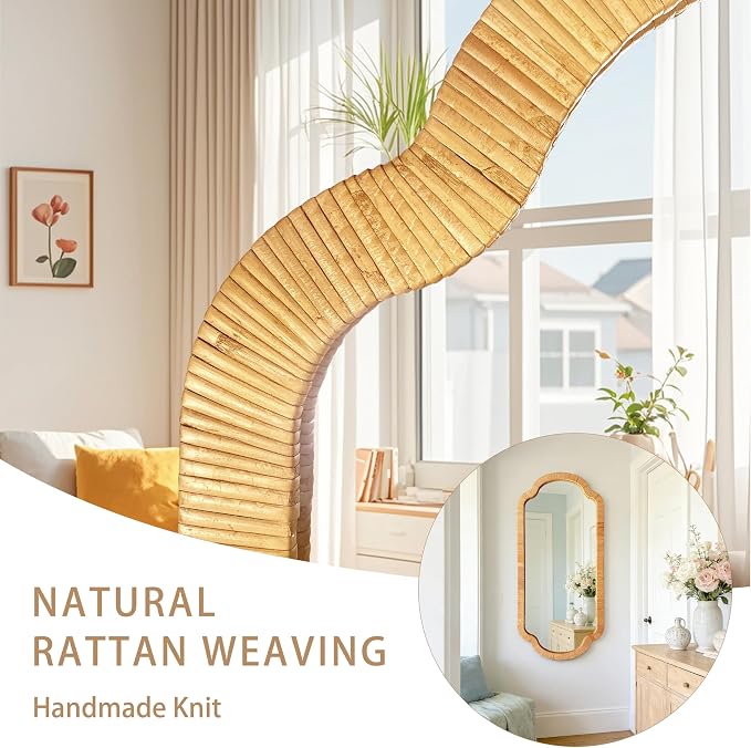 BAODANFU Rattan Wall Mirror,18" x 40" Handwoven Scalloped Decorative Mirrors, Boho Wicker Vanity Mirror for Bedroom, Dressing Closet Living Dining Room, Decor of Entryway Hallway Stairwell