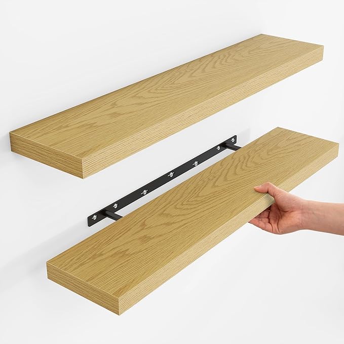 Fun Memories Rustic Wood Floating Shelves for Wall, Space-Saving Wall Mounted Shelves for Bathroom, Bedroom, Living Room and Kitchen, Stylish Storage & Display (Set of 2, Oak, 36 in)