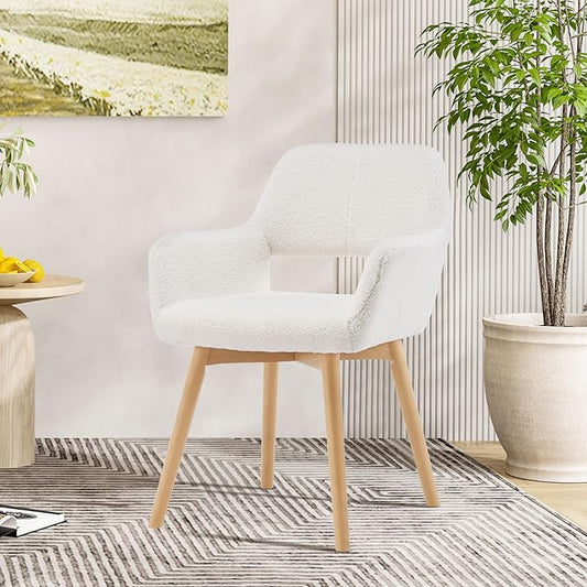 Desk Chair No Wheels Vanity Chair Makeup Chair Comfy Accent Chair for Living Dining Room Bedroom Home Office Mid Century Modern Upholstered Armchair Sofa with Wood Legs (Wool White, 1)