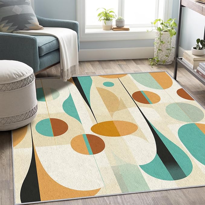 Retro Mid Century Rug 5x8, Washable Modern Geometric Rugs for Living Room Bedroom, Abstract Mid-Century Area Rug for Home Decor, Non Slip Backing Floor Carpet - 5 x 8 ft