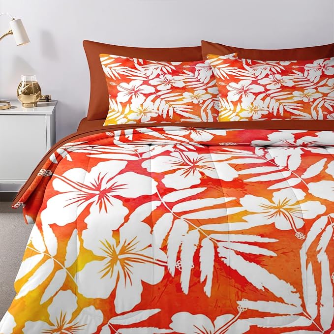 Nesker 7 Pcs Comforter Set King Size, Red Hibiscus Hawaiian Bedding Set for Kids and Adults, Flower Surf Floral Bed Sheet Sets with Fitted Sheet 2 Pillowcases & 2 Shams