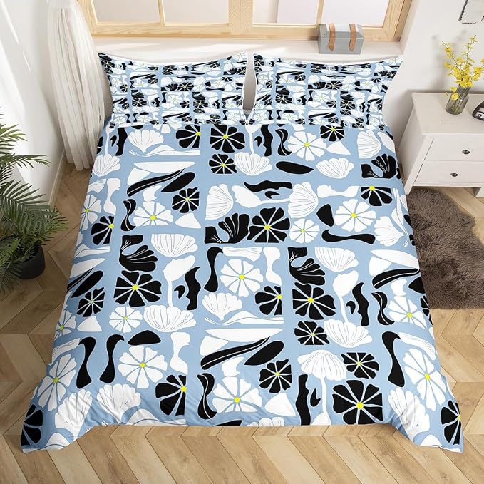 Erosebridal Mid Century Boho Comforter Cover Queen Cute Blue White Floral Plant Patchwork Bedding Set Modern Abstract Geometric Duvet Cover for Kids Adults,Vintage Aesthetic Bed Set