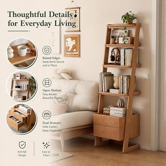 100% Solid Wood 5 Tier Ladder Shelf, Tall Narrow Bookshelf with Storage, 63.78" Tall Bookcase with Drawers, Display Shelf Unit for Living Room Bedroom