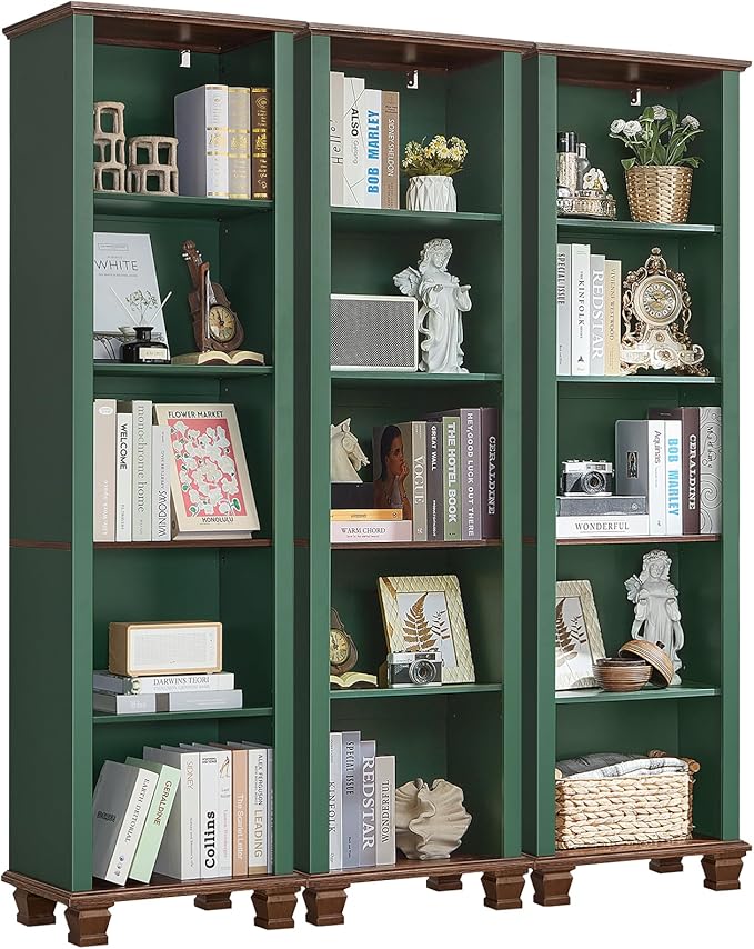 SAVOR LIFE Narrow Green Book Shelf, 70" Tall Skinny Bookshelf with Adjustable Shelves & Wooden Legs, Farmhouse Wood Bookcase w/5-Tier Open Storage, Free Standing Book Case for Office,Living Room,3PCS