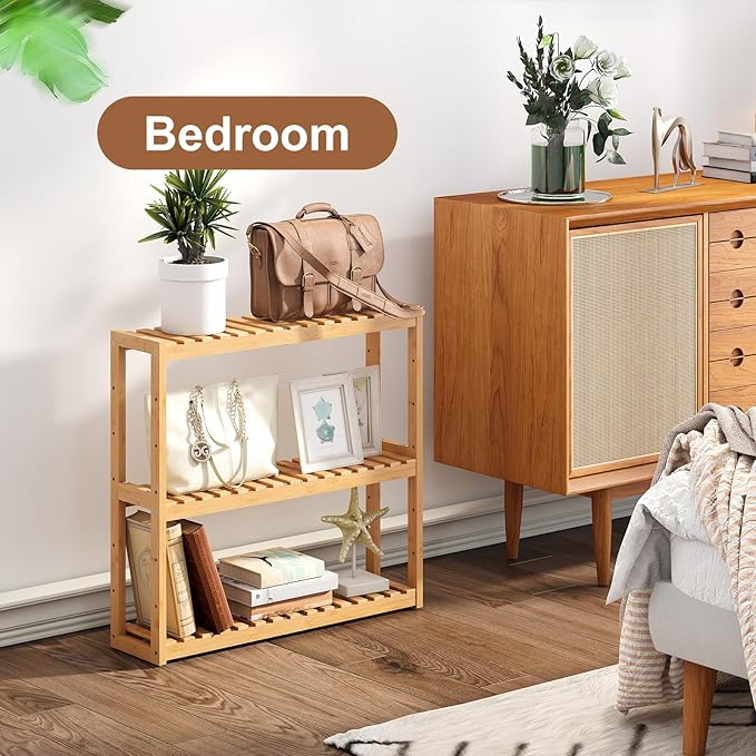 Bamboo Organizer Rack - Adjustable 3-Tier Storage Shelf, Wall Mounted or Over The Toilet, Living Room, Kitchen (Natural)