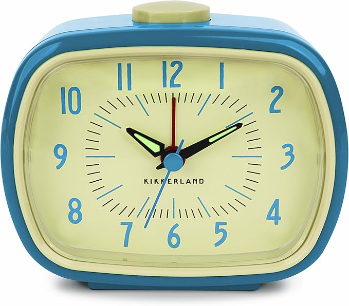 Kikkerland Retro Alarm Clock – Vintage Decor for Bedroom, Nightstand, Living Room, or Office – Battery Operated, Decorative Analog Clock, Blue