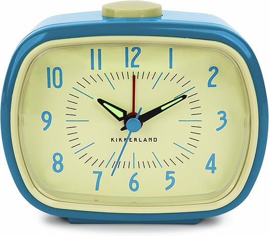 Kikkerland Retro Alarm Clock – Vintage Decor for Bedroom, Nightstand, Living Room, or Office – Battery Operated, Decorative Analog Clock, Blue