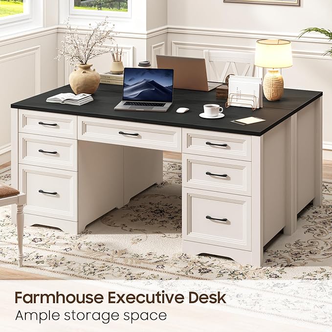 Vabches Farmhouse Executive Desk, Wood Home Office Desk with 2 Large File Drawers and 5 Storage Cabinets, Rustic Writing Desk for Work and Study, Black